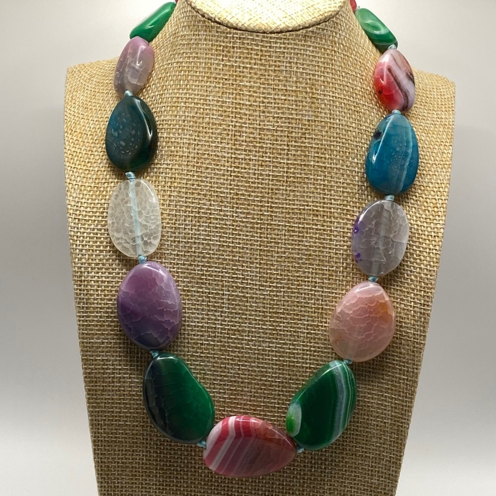 LUC Necklace 925 Sterling Silver Vintage Style Multi Color Agate Gemstone 20in